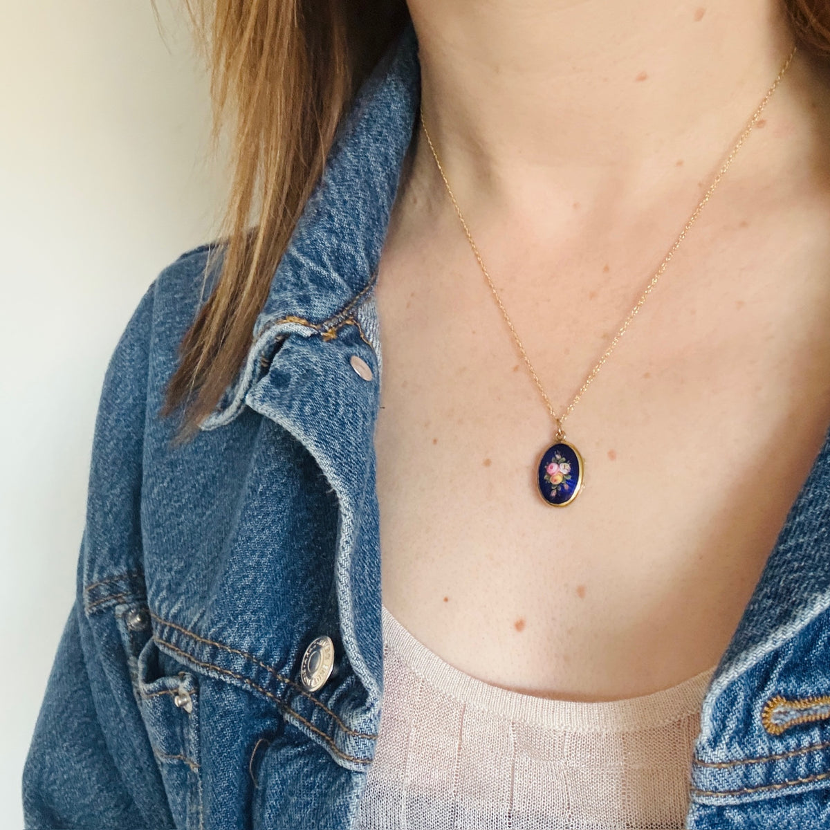 Feminine French Locket with Enameled Pastel Posies