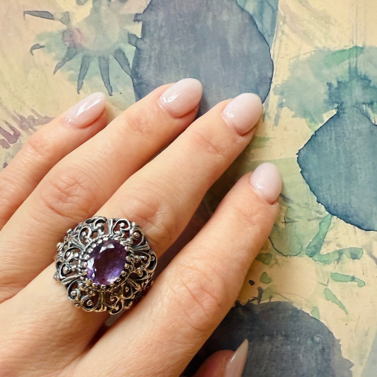 Elaborate Sterling Silver Filigree & Amethyst Ring