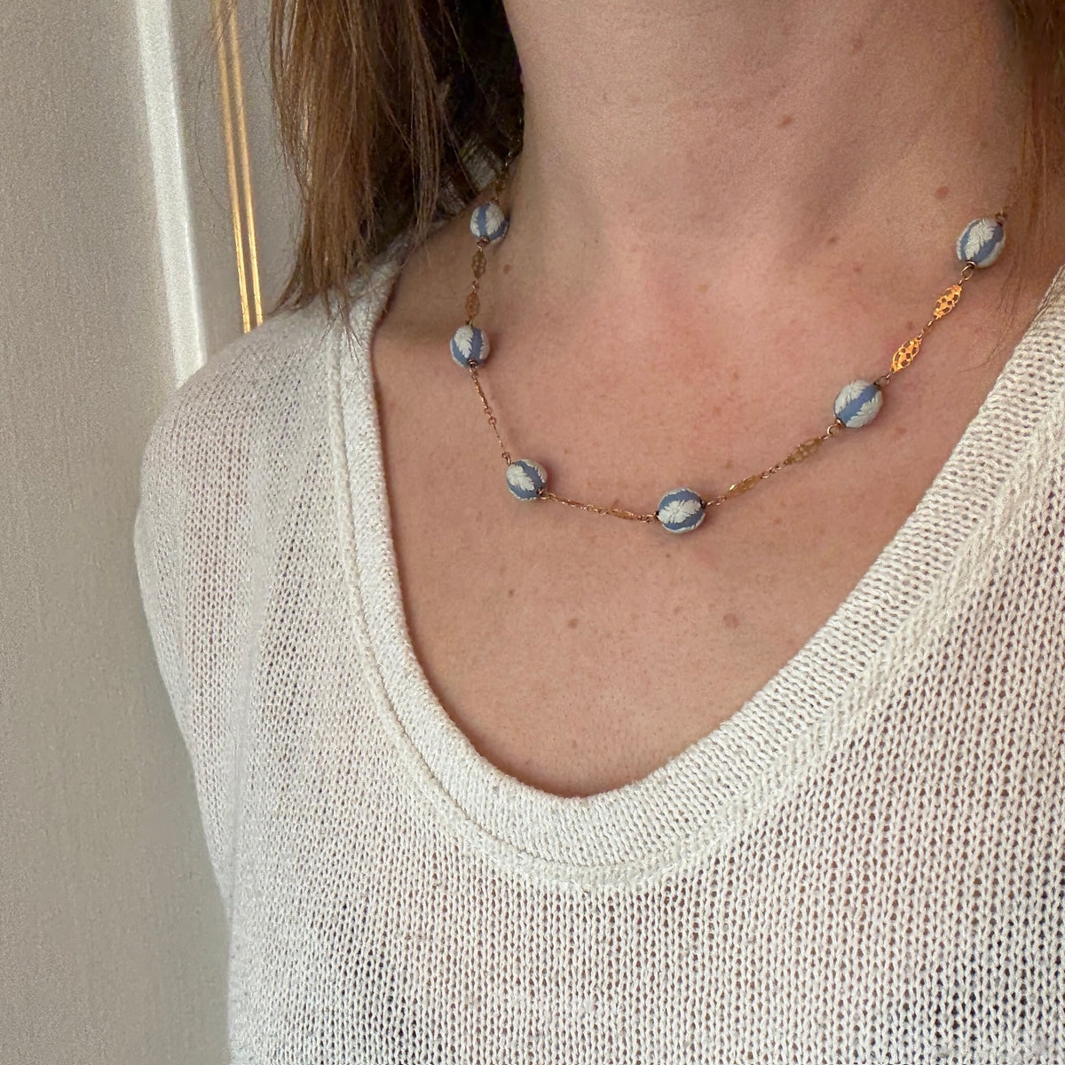 Wedgwood Beads on Ornate Gold Link Necklace