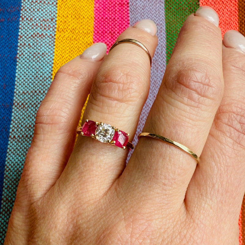 Old Mine Cut Diamond & Ruby 18k Gold Trilogy Ring