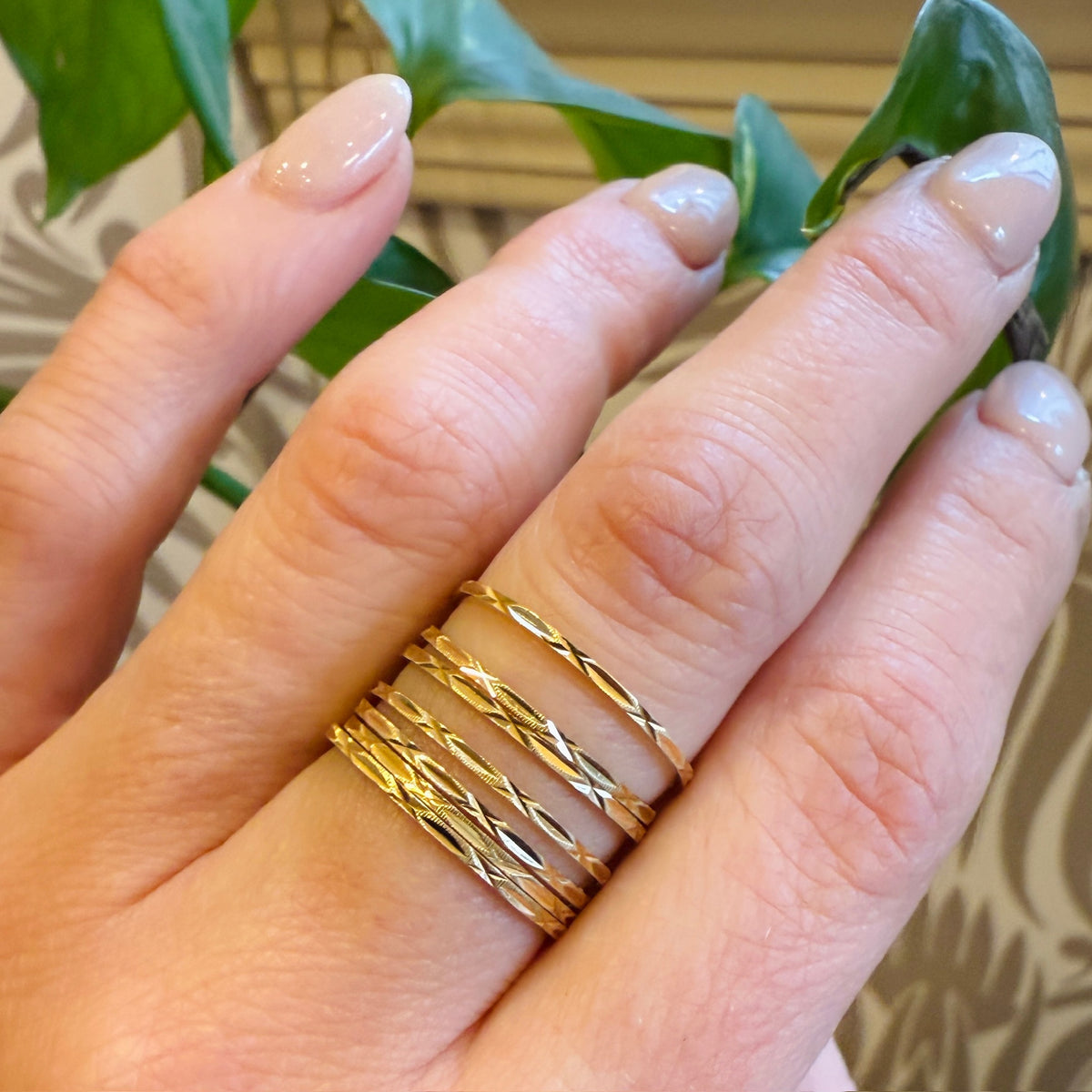 Very Slender Engraved 14k Gold Bands