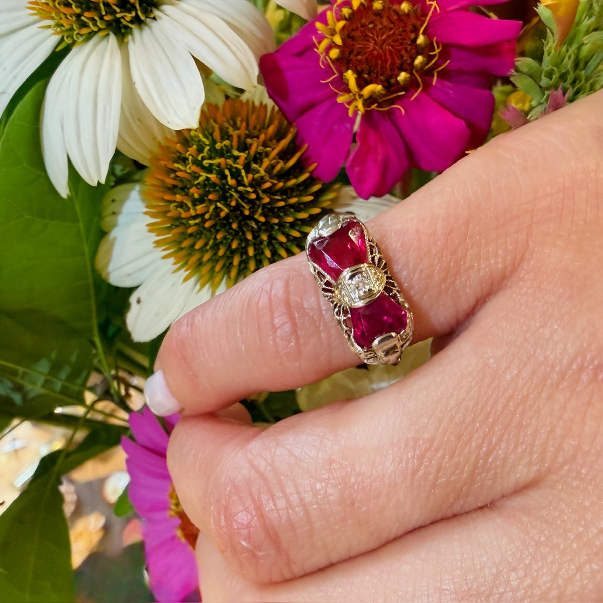 Hot Pink Rubies in Art Deco Filigree Ring