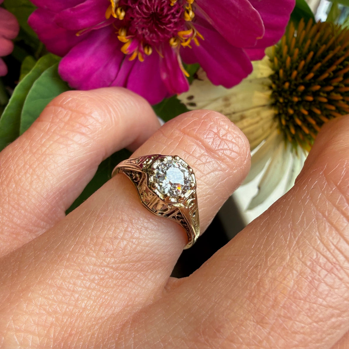 Old Euro Cut Diamond in Yellow Gold Art Deco Solitaire