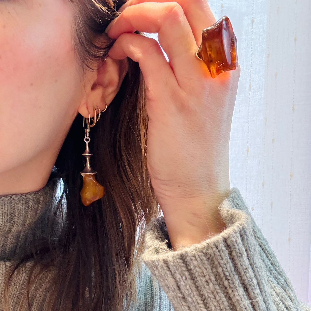 Monumental Amber & Sterling Silver Modernist Ring