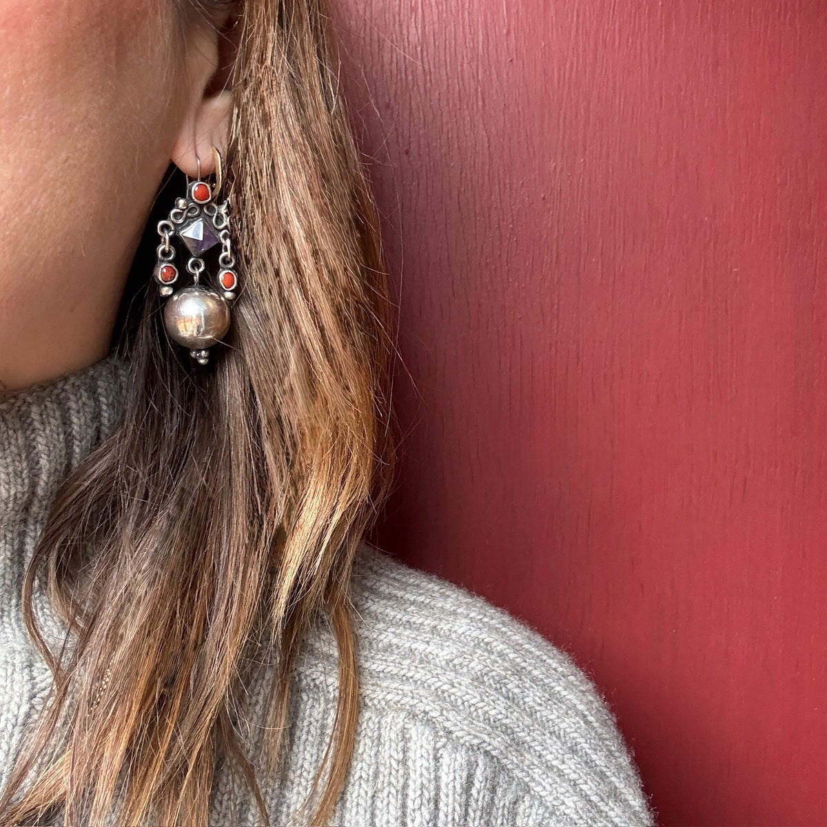 Matle-Style Mexican Sterling Earrings with Coral & Amethyst