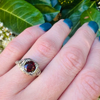 Juicy Red Garnet in Elaborate Filigree Solitaire Ring