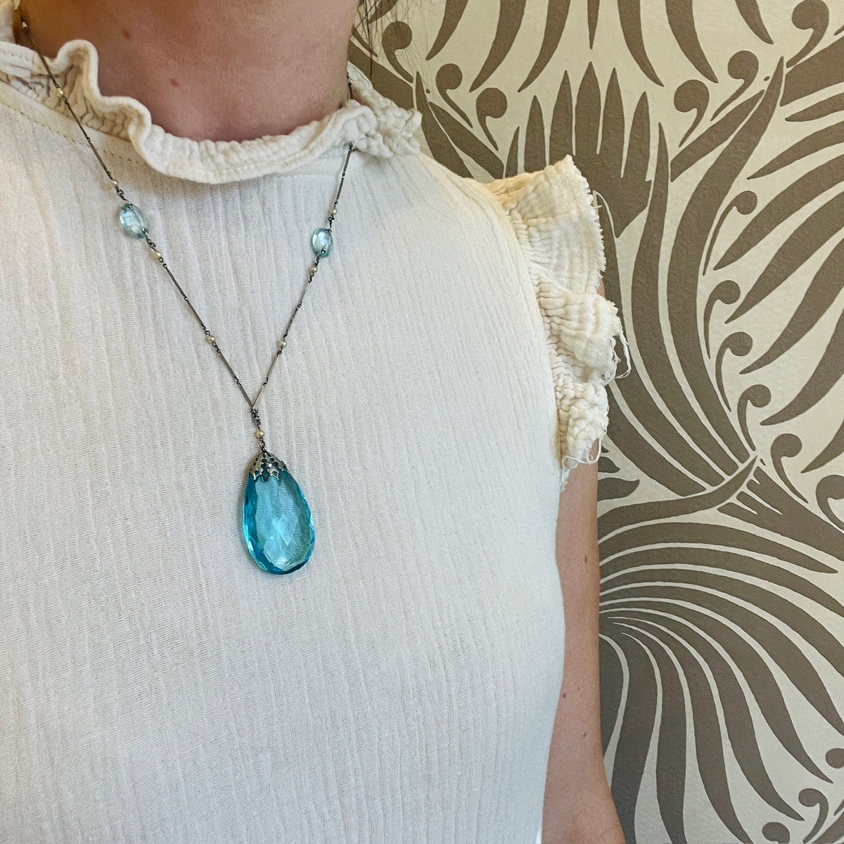 Ethereal Aquamarine-Colored Glass & Faux Pearl Necklace