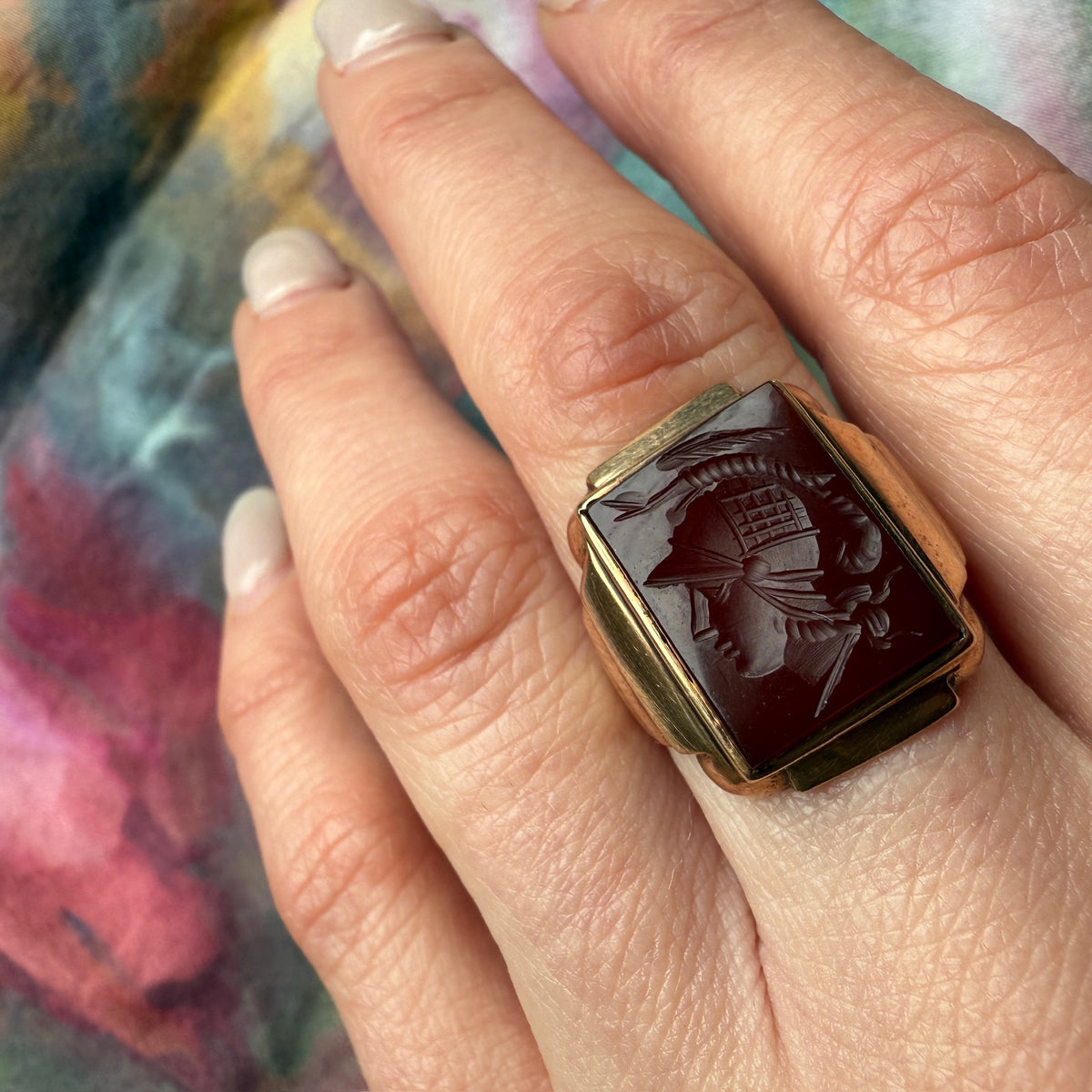 Roman Soldier Carnelian Intaglio in Heavy Gold Ring
