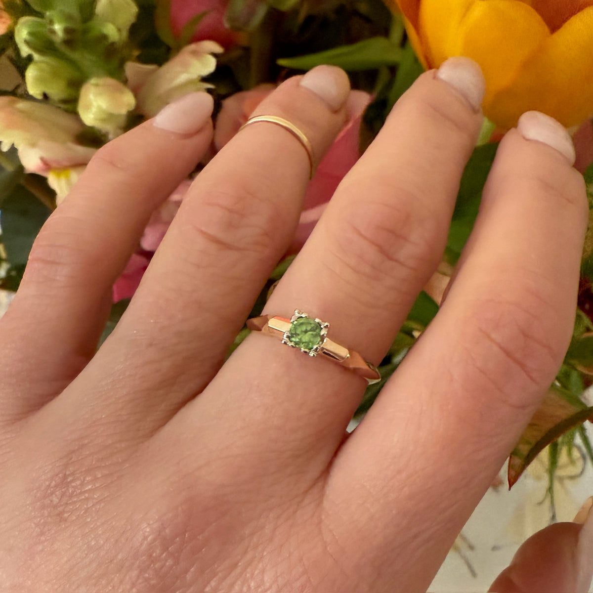 Demantoid Garnet in Retro Engagement Ring