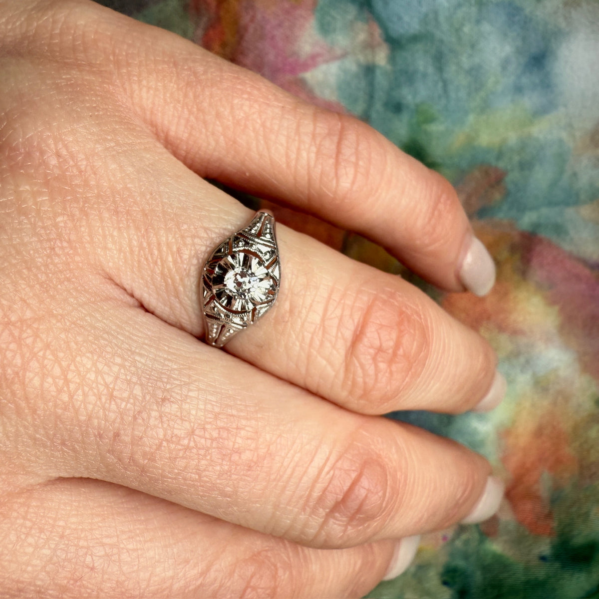 Old Mine Cut Diamond in Ornate Etched Filigree Engagement Ring