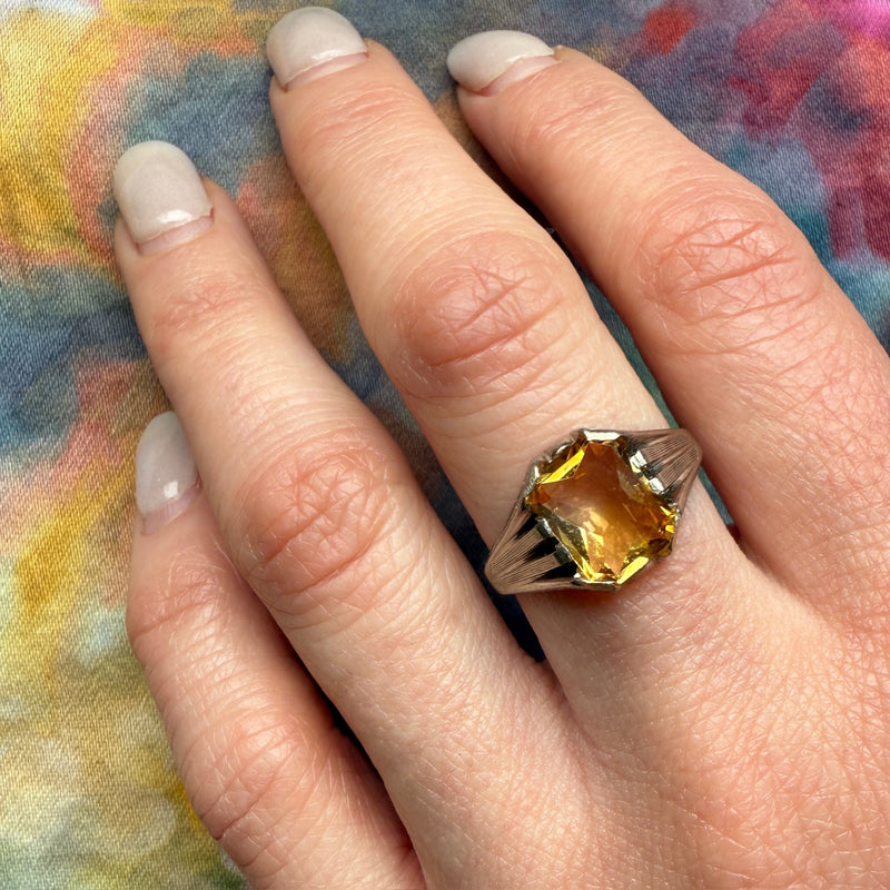 Deco White Gold Citrine Signet Ring