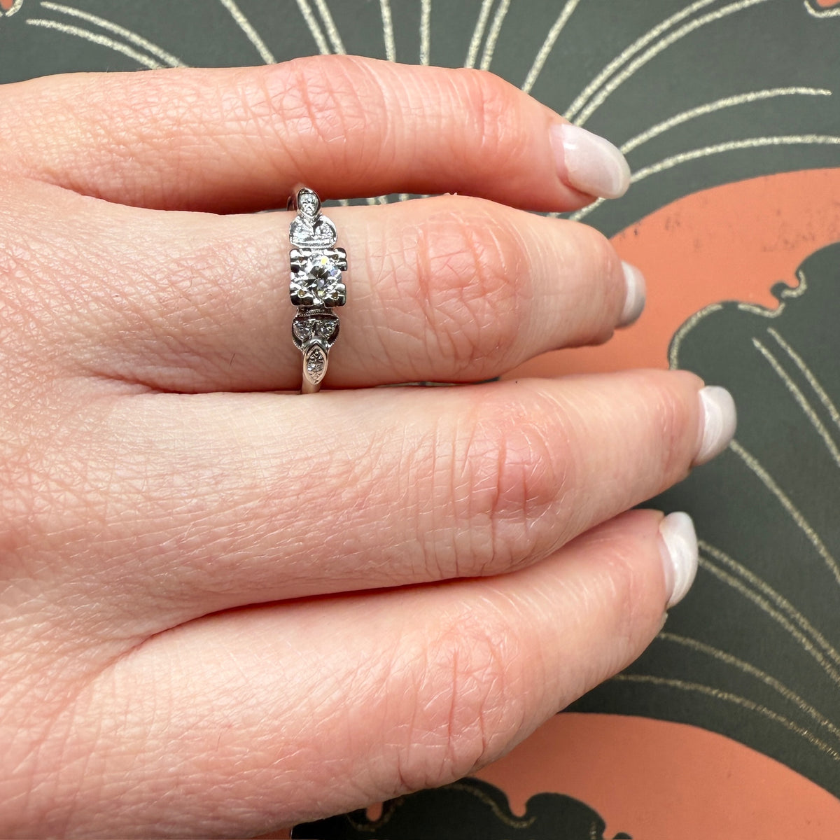 Decorative Old Euro Cut Diamond Engagement Ring