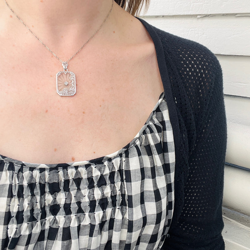 Exquisite Trellis Filigree Camphor Glass on Paperclip Chain