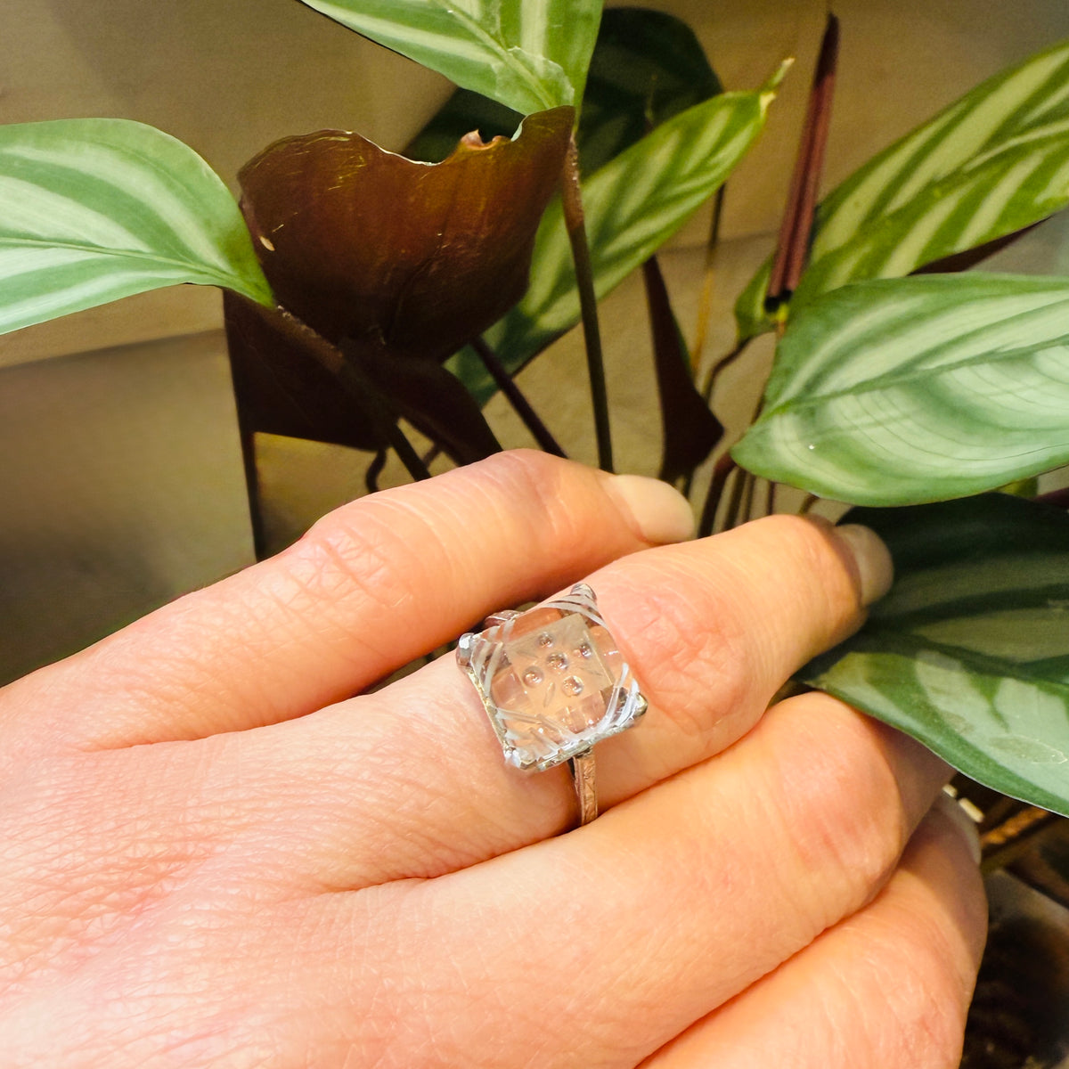Art Deco Carved Rock Crystal & Filigree Ring