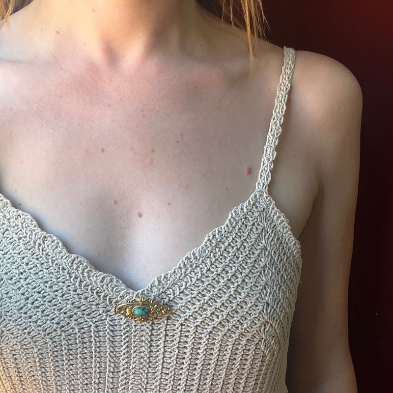 French Turquoise & 18k Gold Brooch with Diamond Sparks