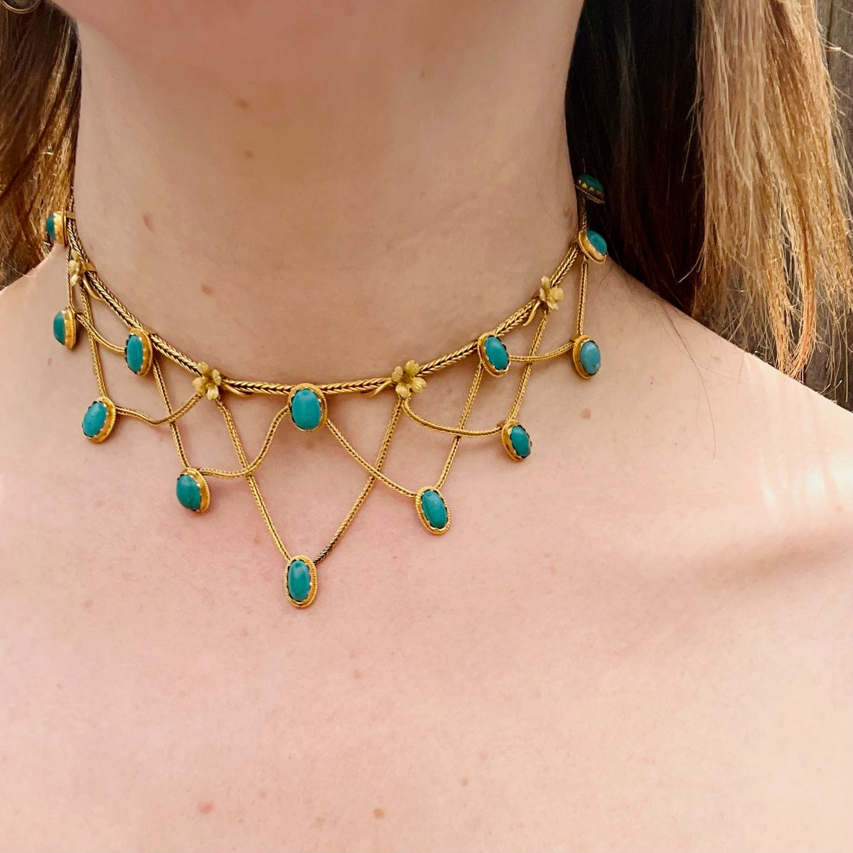 Sumptuous Architectural Revival Gold & Turquoise Swag Necklace