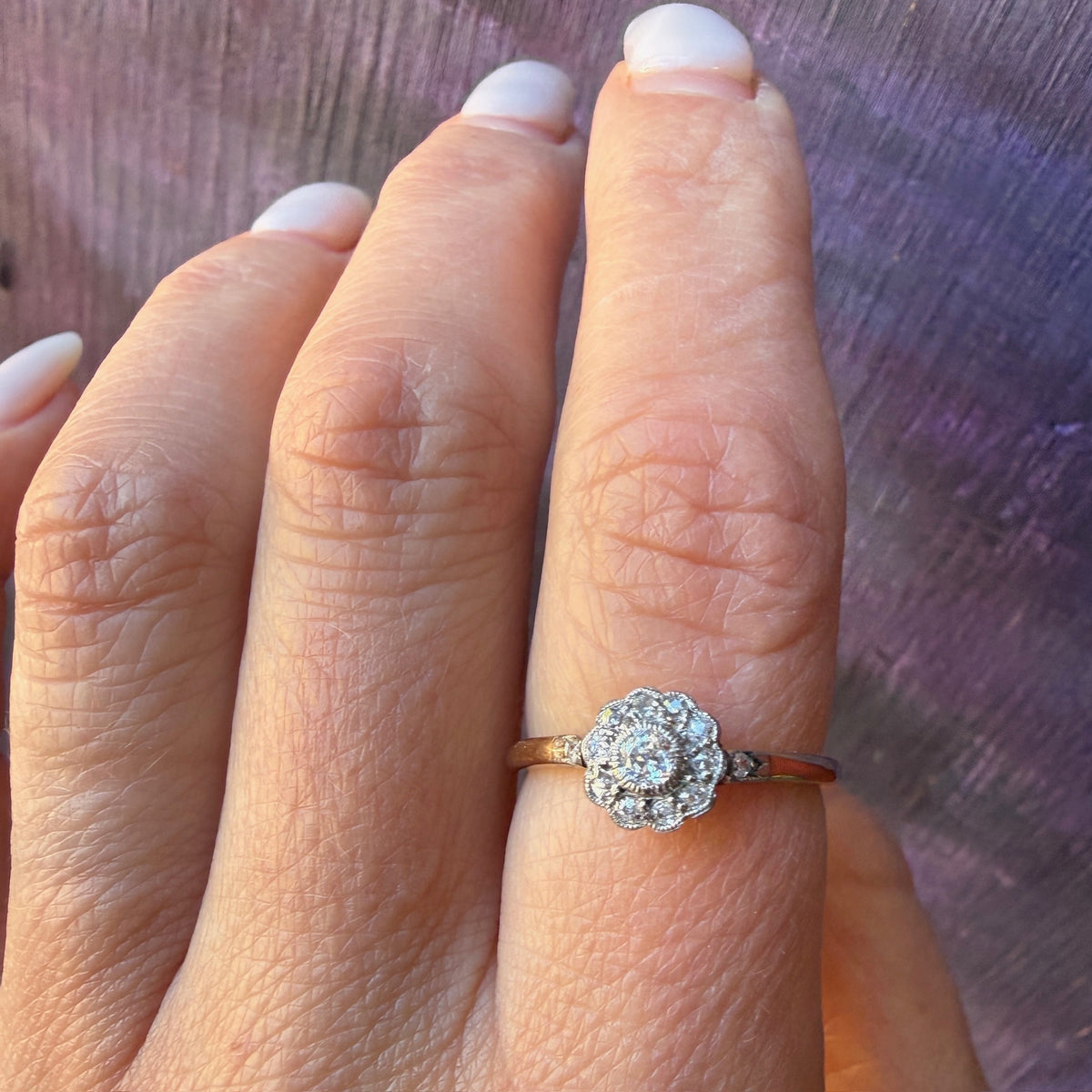 Floral Diamond Cluster in English Two-Tone Ring