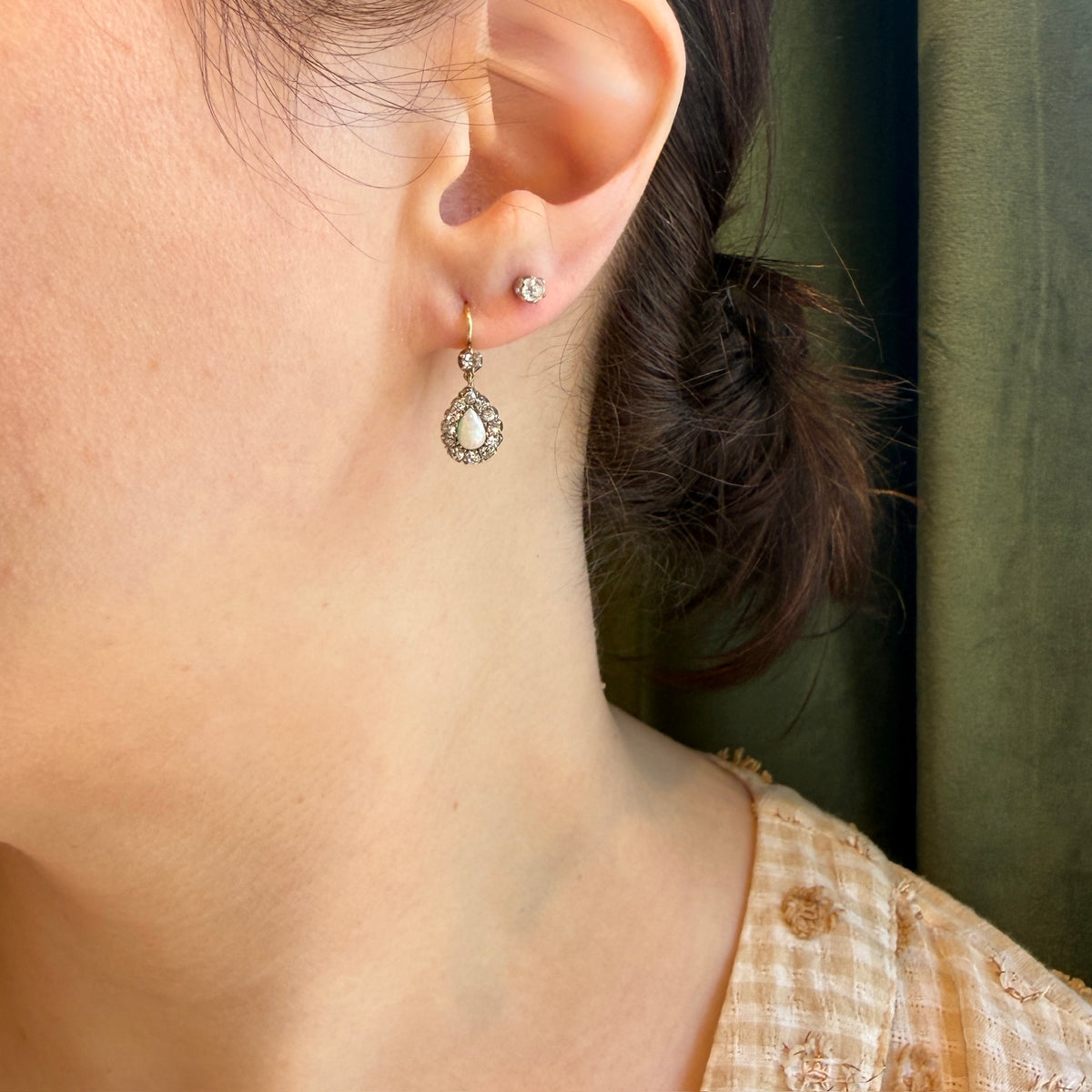 Opal & Old Mine Diamonds in Silver & 18ct Earbobs