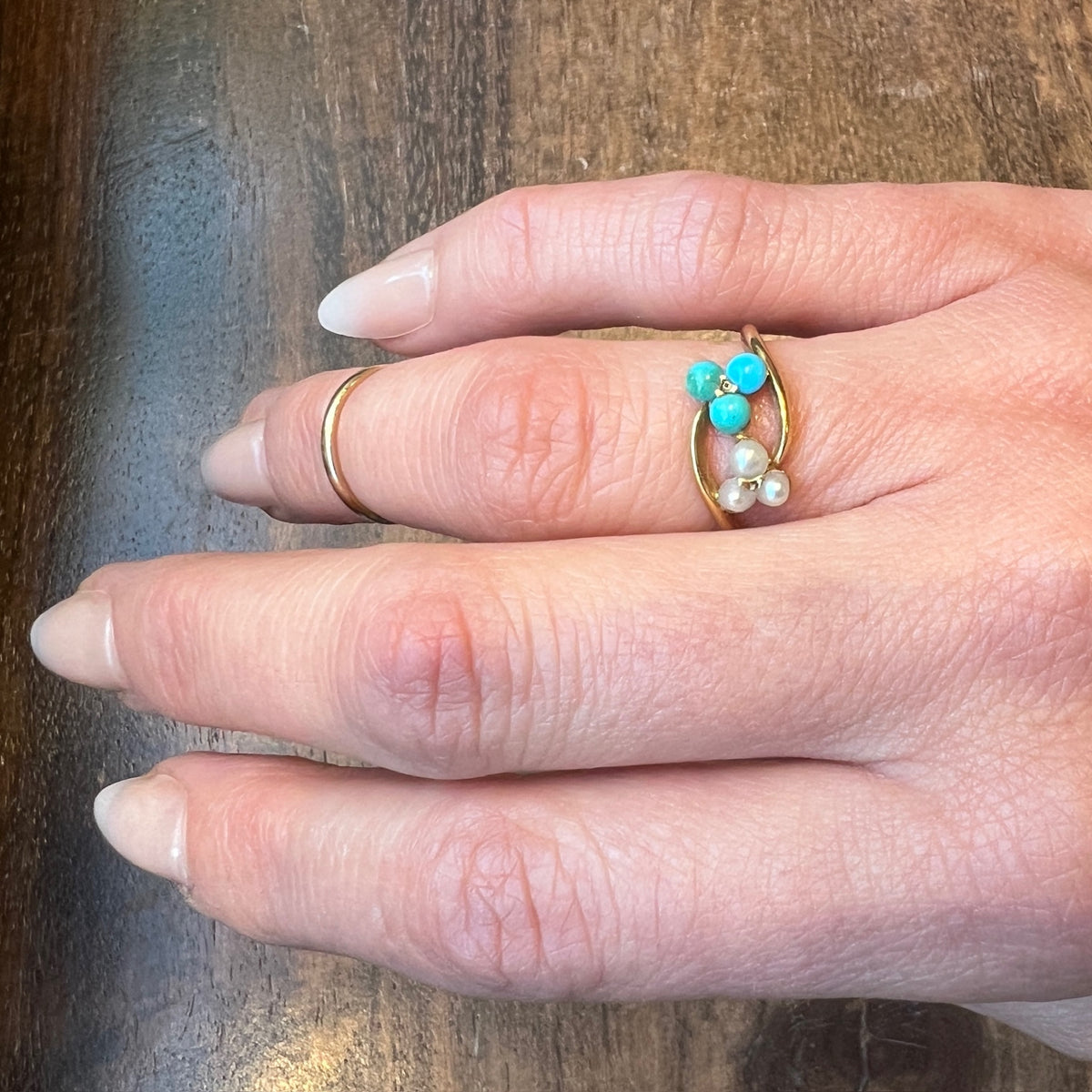 Turquoise & Pearl Sweet Clover Victorian Bypass Ring