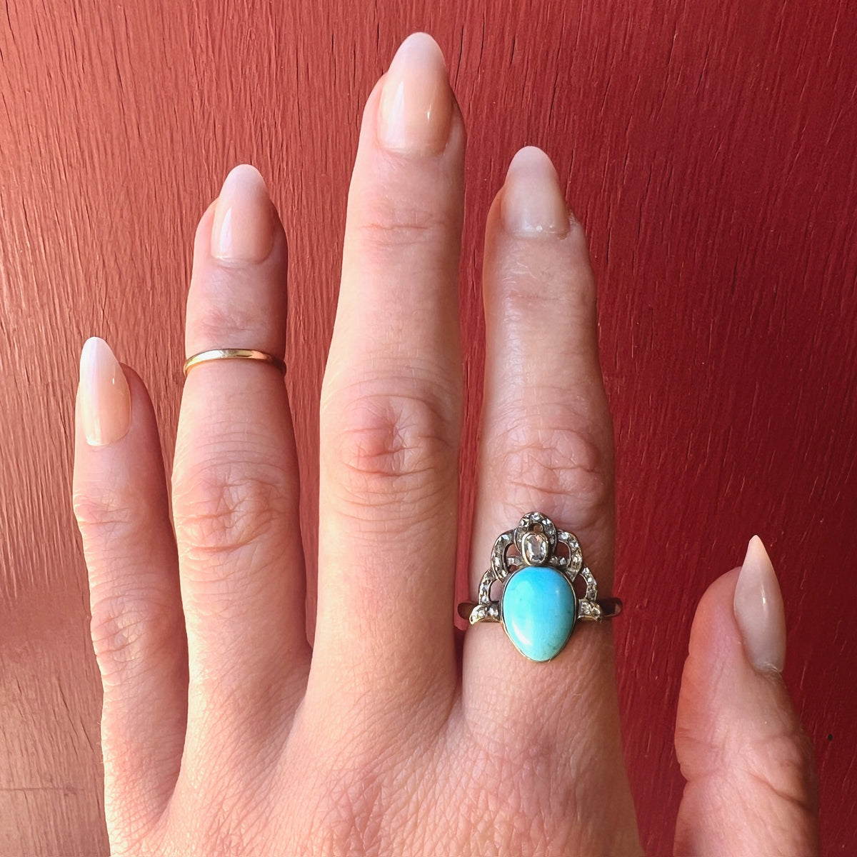 Georgian Turquoise & Old Mine Cut Diamond Crown Ring