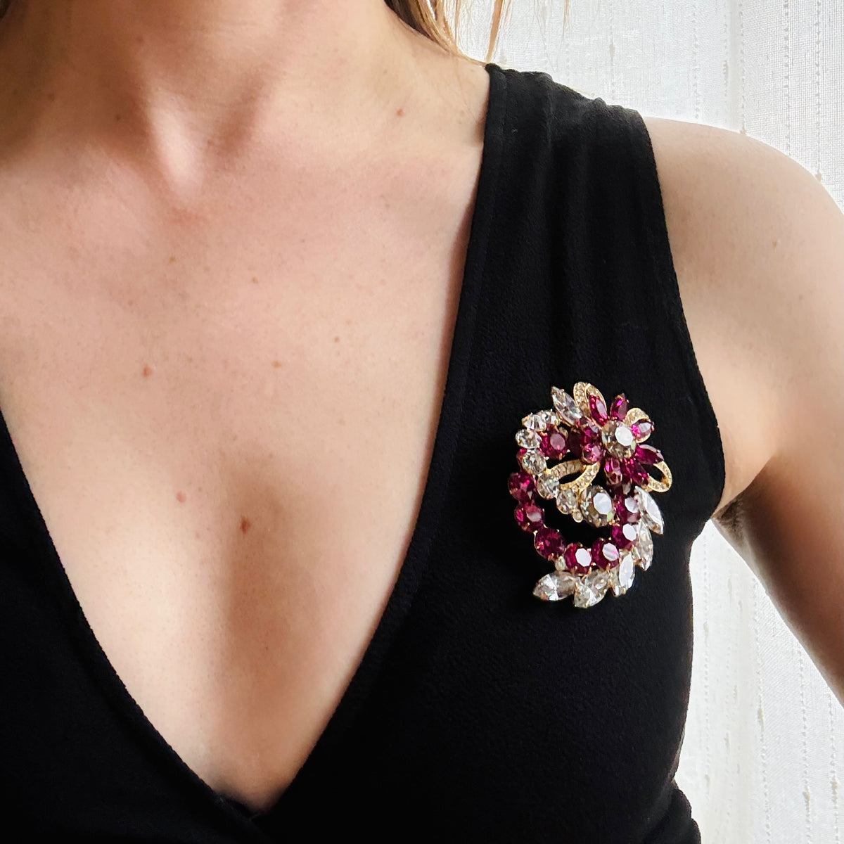 Rare Eisenberg Brooch with Fuchsia & Silver Crystals
