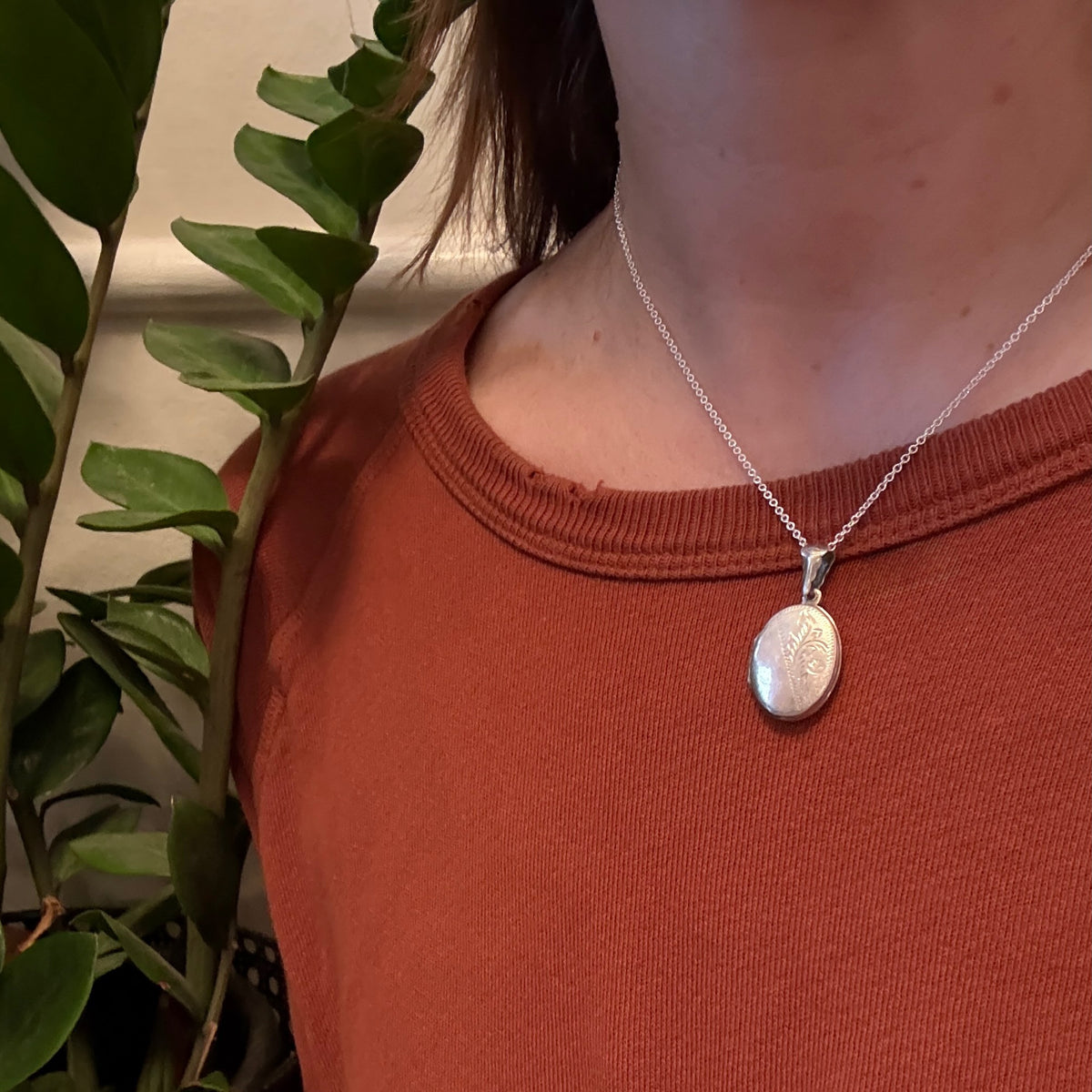 Pretty Engraved Sterling Silver Oval Locket