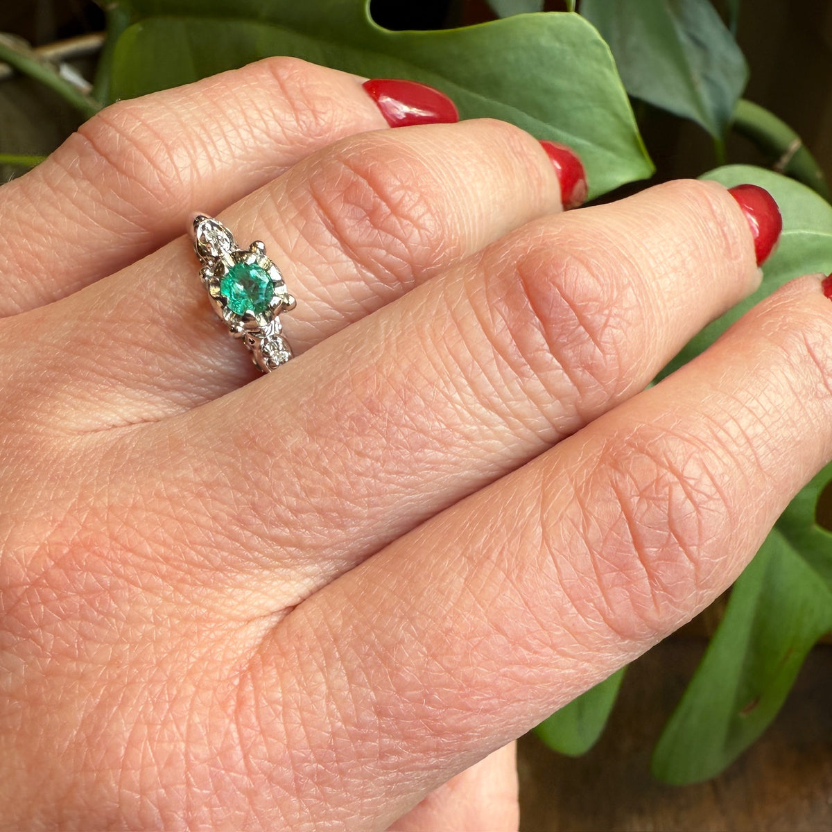 Emerald & Diamond 1940s Engagement Ring
