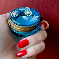 Bright Blue Bohemian Glass Patch Box with Daisies