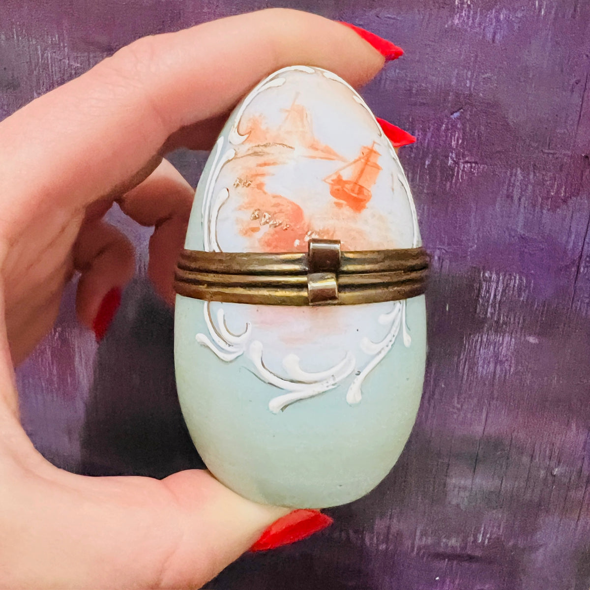 Egg-Shaped Jewelry Box with Painted Ship & Windmill