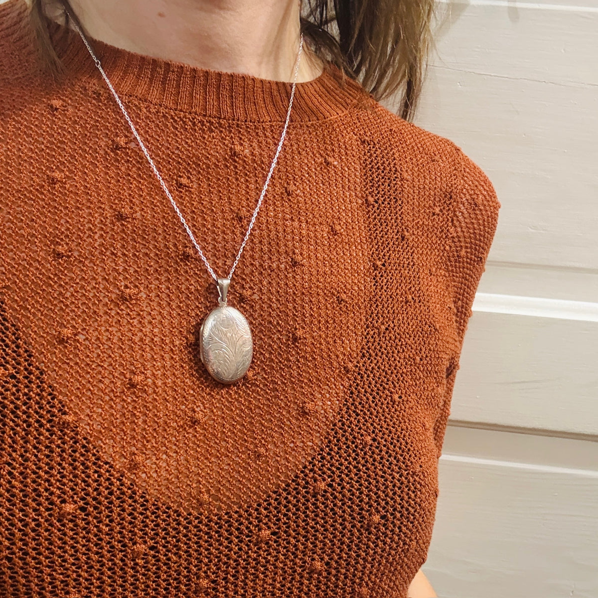 Large Engraved Sterling Silver Oval Locket
