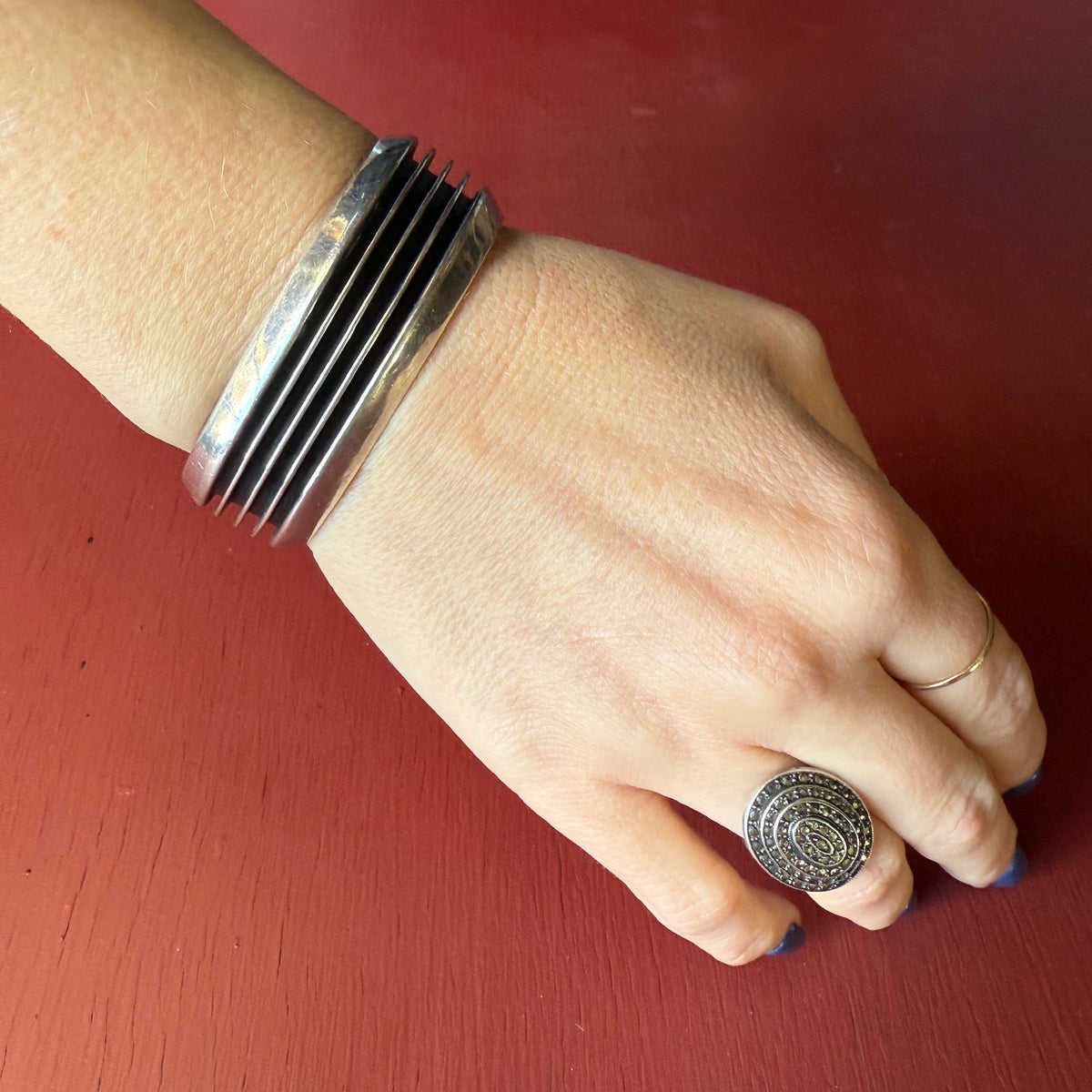 Dramatic Ridged Sterling Silver Cuff Signed "JMB"