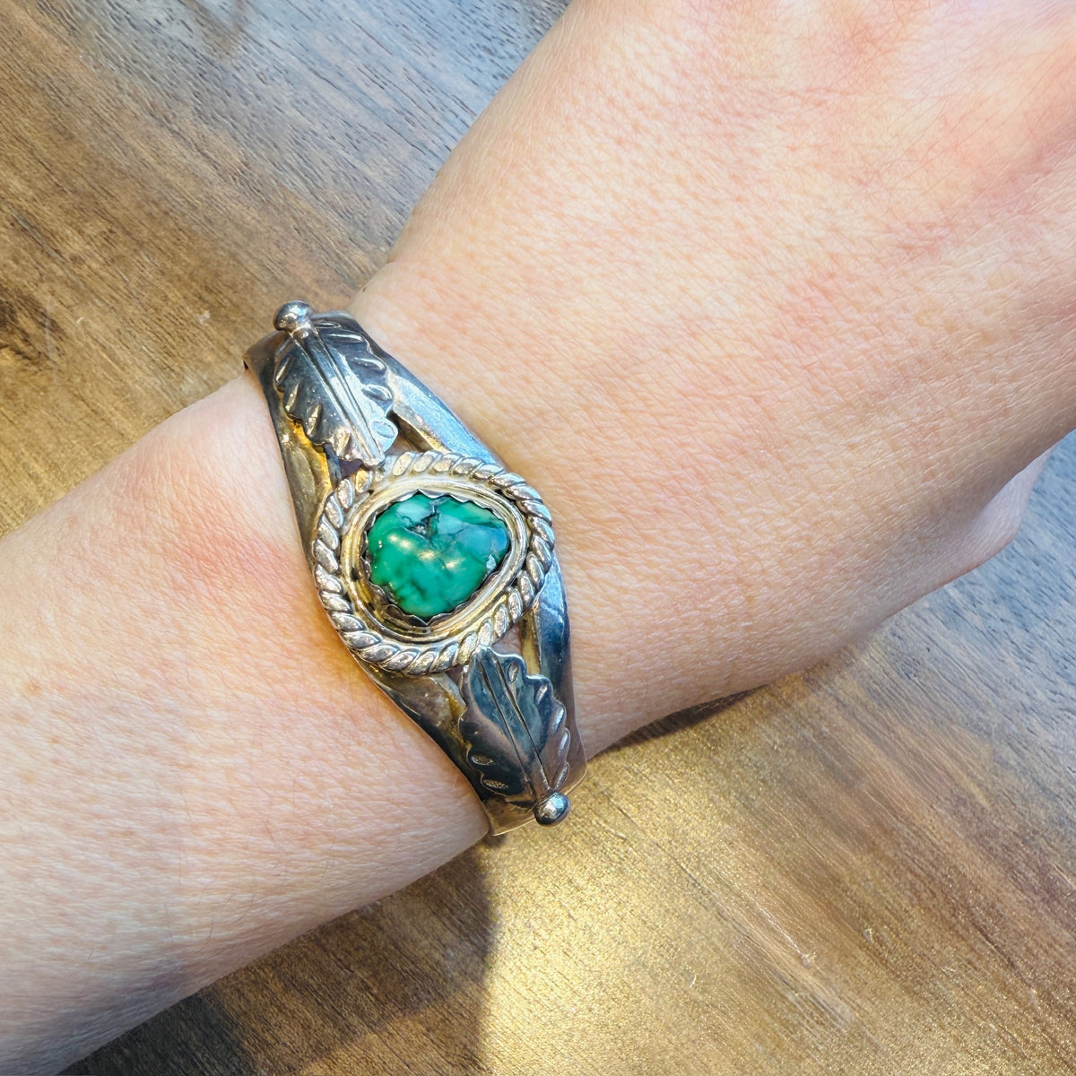 Pretty Green Turquoise Sterling Cuff with Appliqué Leaves