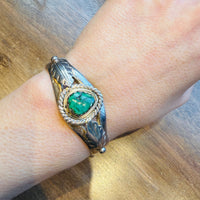 Pretty Green Turquoise Sterling Cuff with Appliqué Leaves
