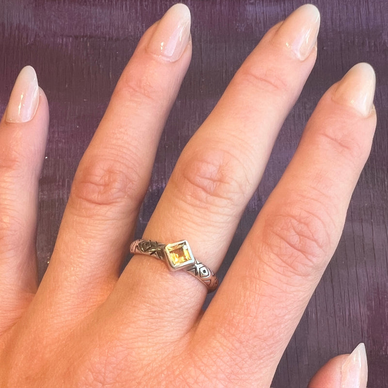 Citrine on Engraved Sterling Silver Band