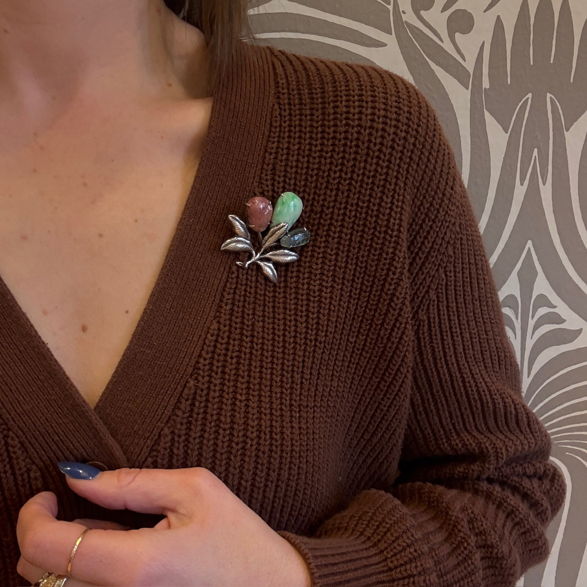 Antique Jade Aquamarine and Ruby Brooch in Silver