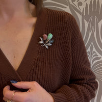 Antique Jade Aquamarine and Ruby Brooch in Silver