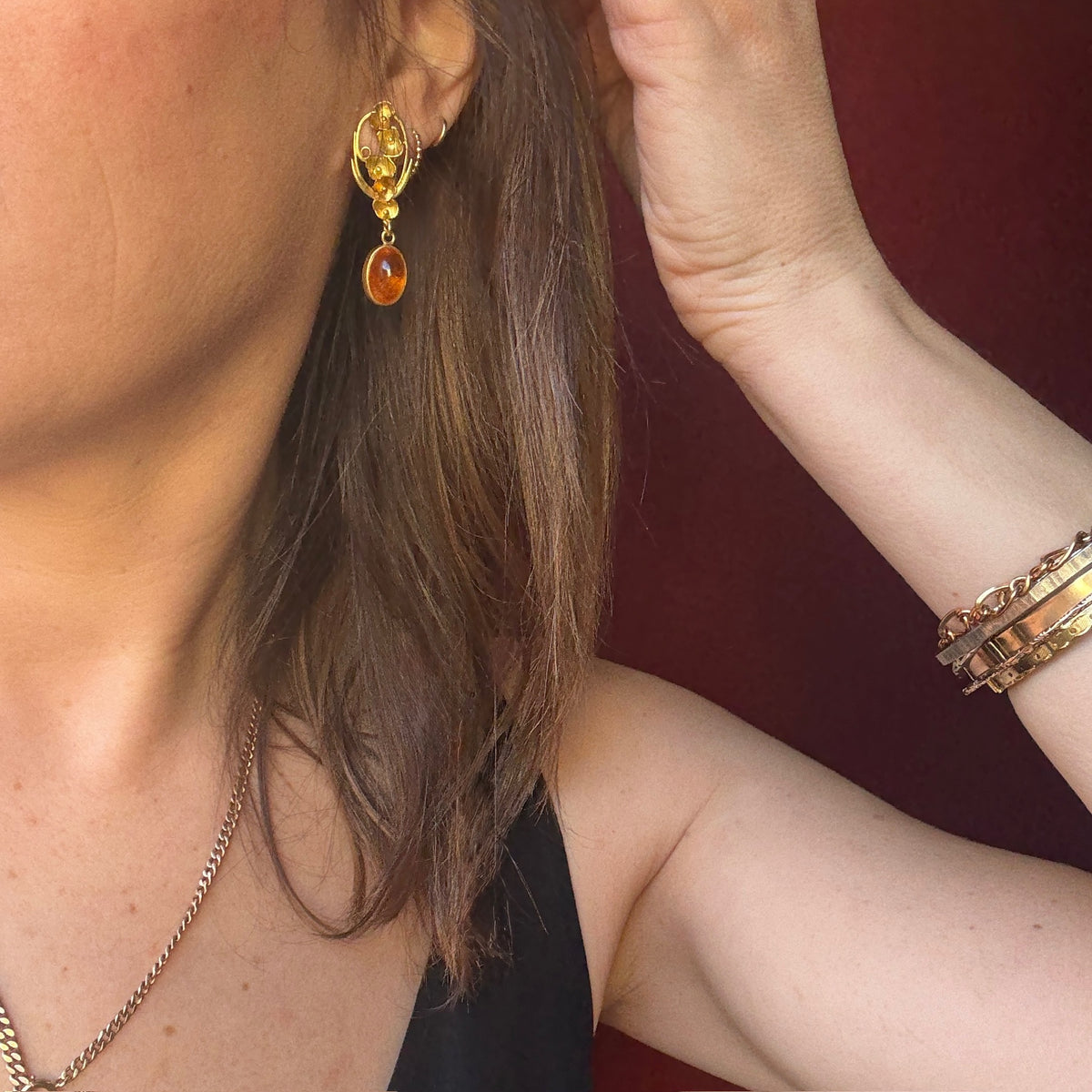 Gold Flowery Spessartite Garnet Dangly Earrings