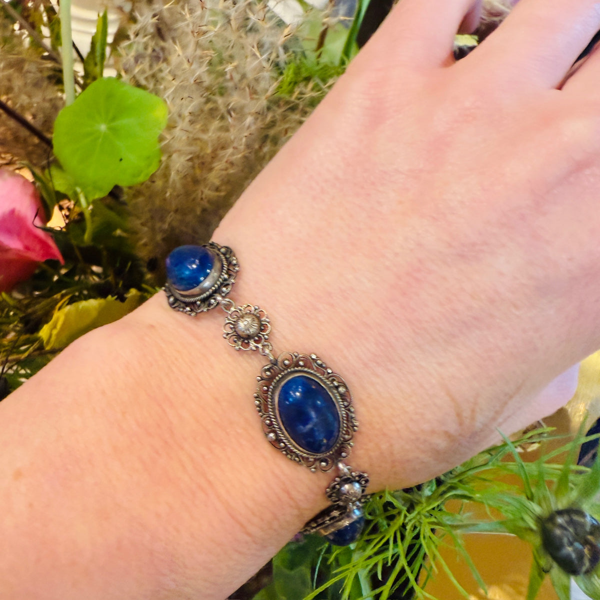 Sterling Filigree Lapis Bracelet c1910