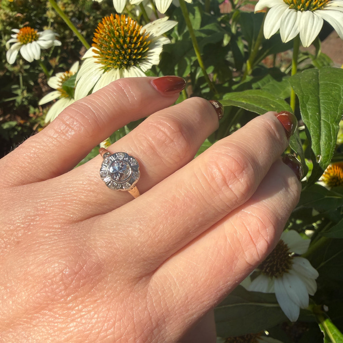 Bright Old Mine Cut Diamond Flower Cluster Ring