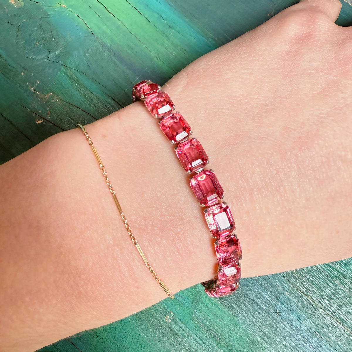 Watermelon-Pink Glass & Sterling Silver Line Bracelet
