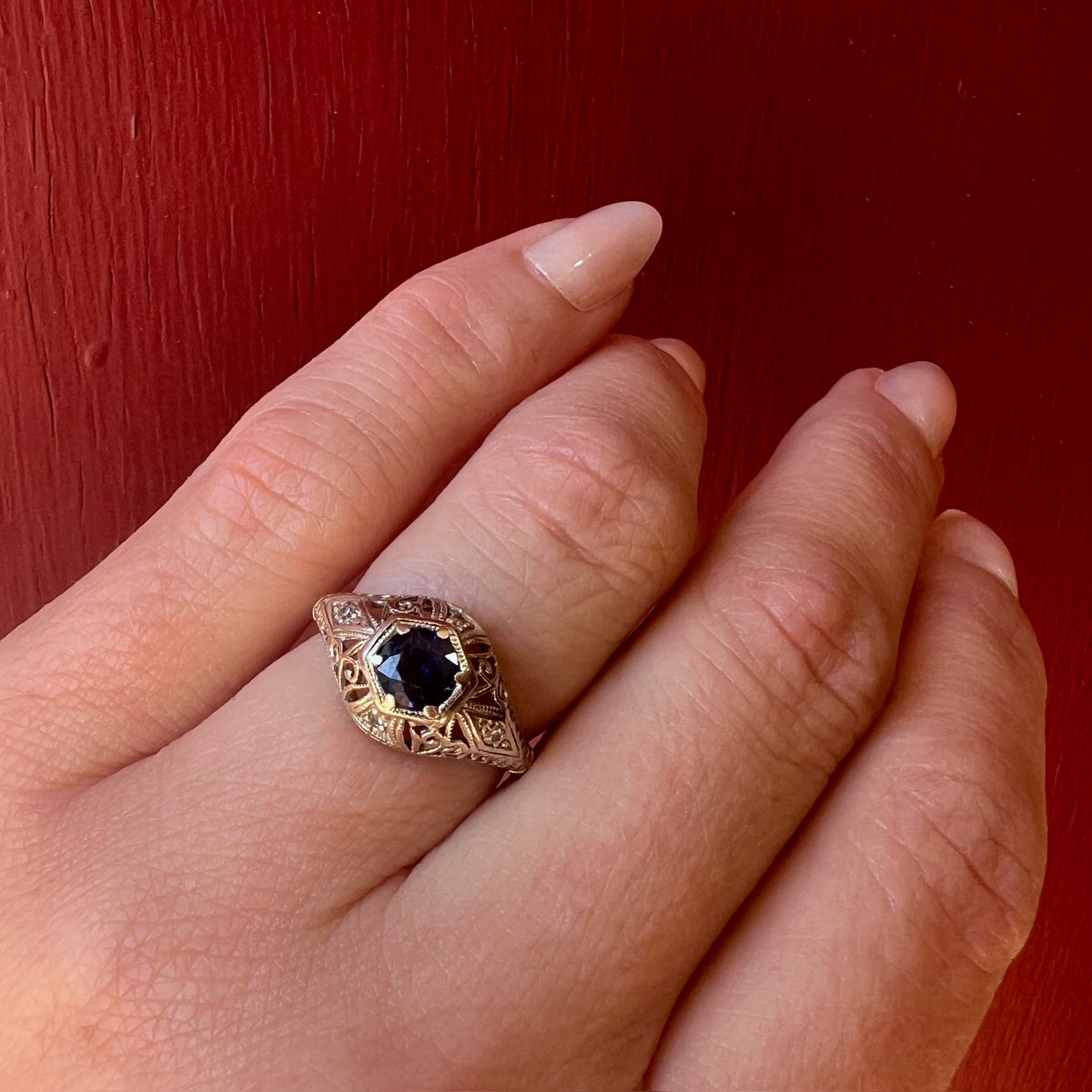 Sapphire & Diamonds in White Gold Filigree Engagement Ring