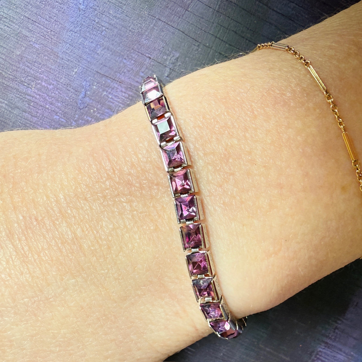 Purple Glass & Sterling Silver Art Deco Line Bracelet