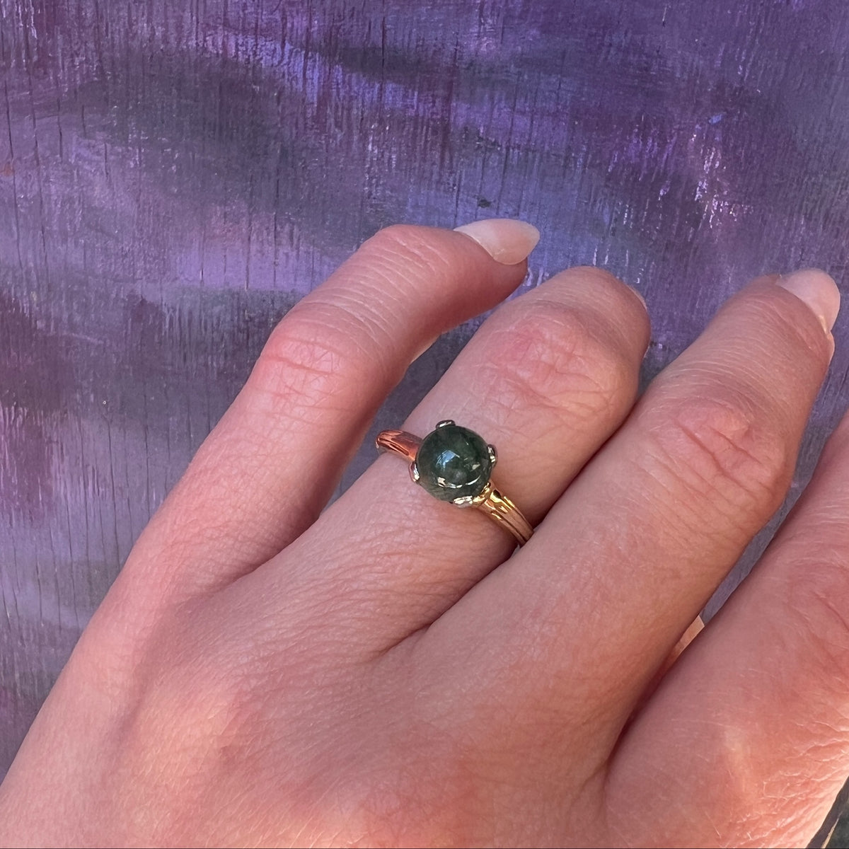 Moss Agate in Architectural Two-Tone Solitaire Ring