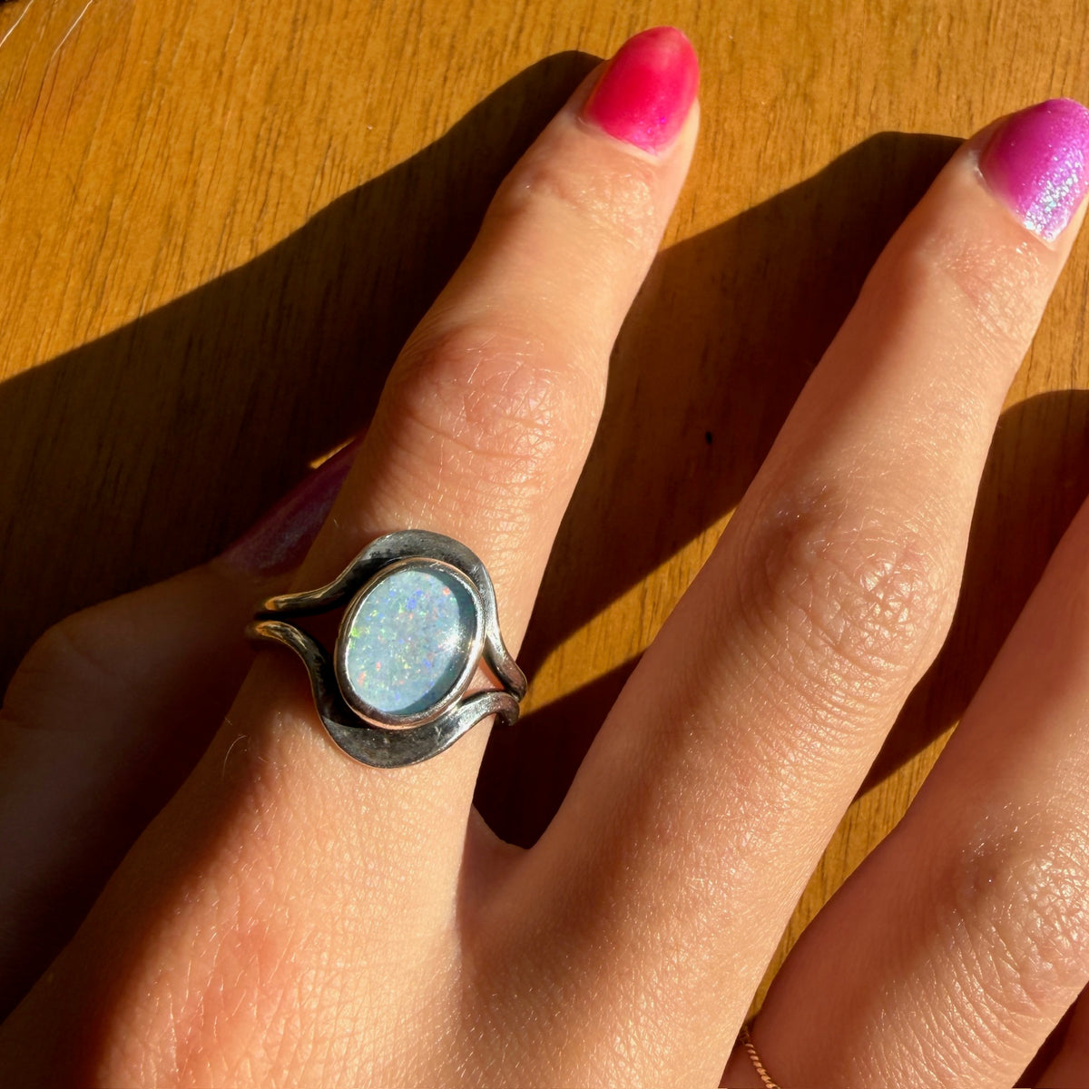 Bewitching Blue Opal in Silver Modernist Ring