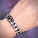 Wide Deco Line Bracelet in Sterling Filigree & Purple Baguettes