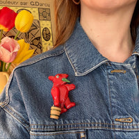 Red Bakelite Bear Brooch with Wooden Bucket