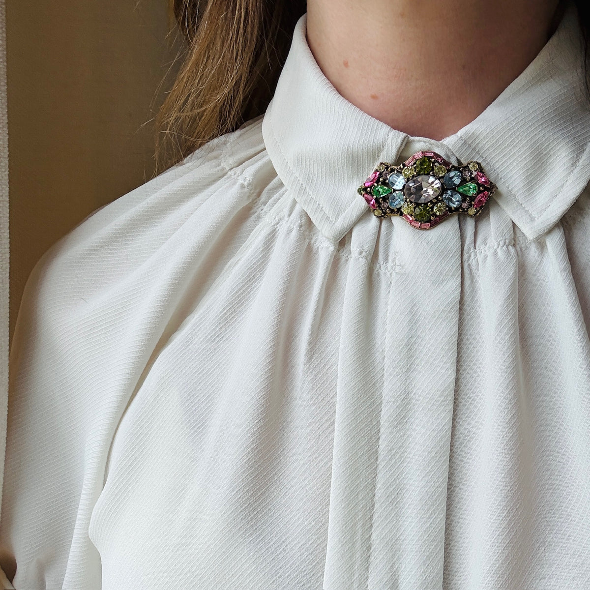 Shield-Shaped Hollycraft Brooch with Colorful Rhinestones