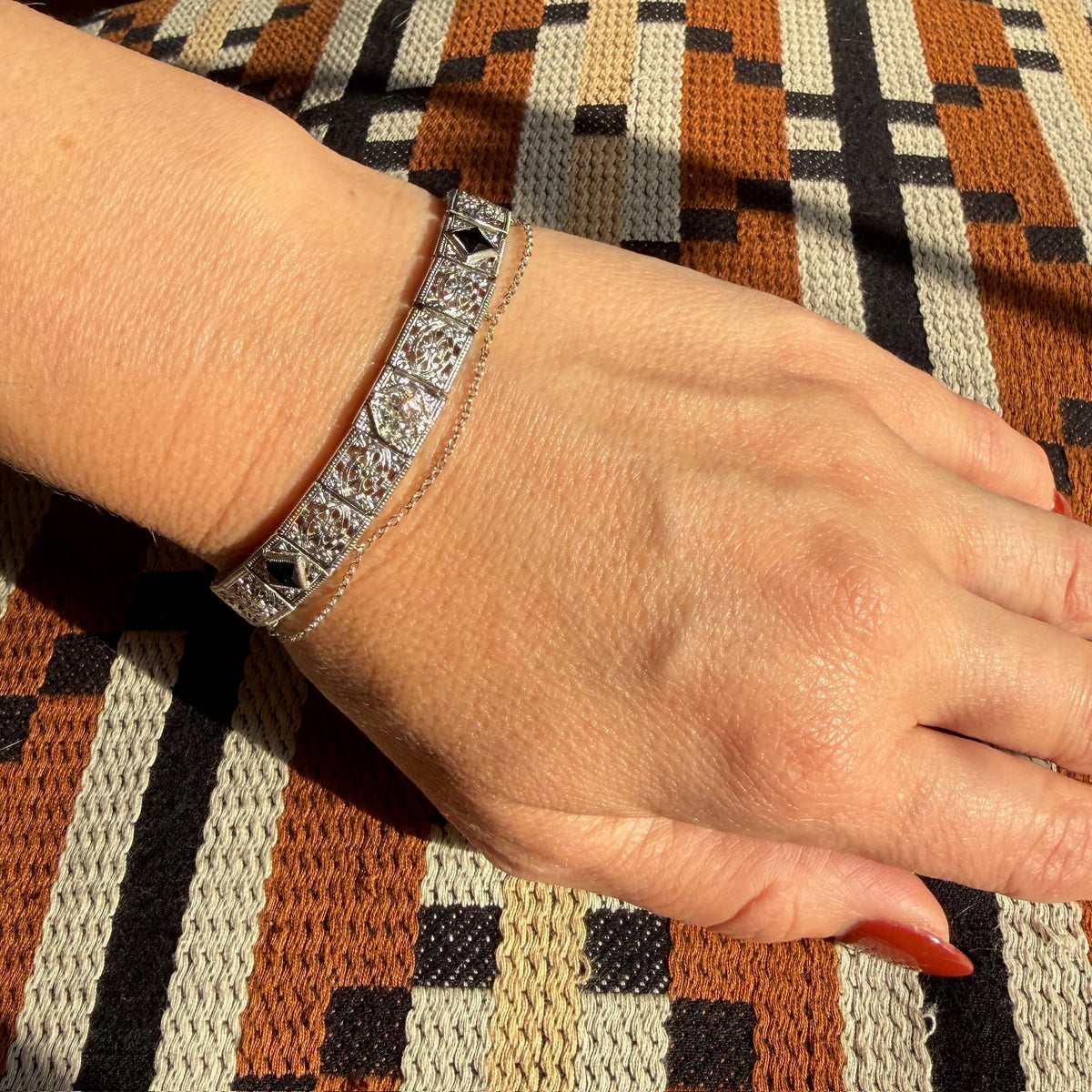 Old Mine Cut Diamond & Sapphire Filigree Line Bracelet