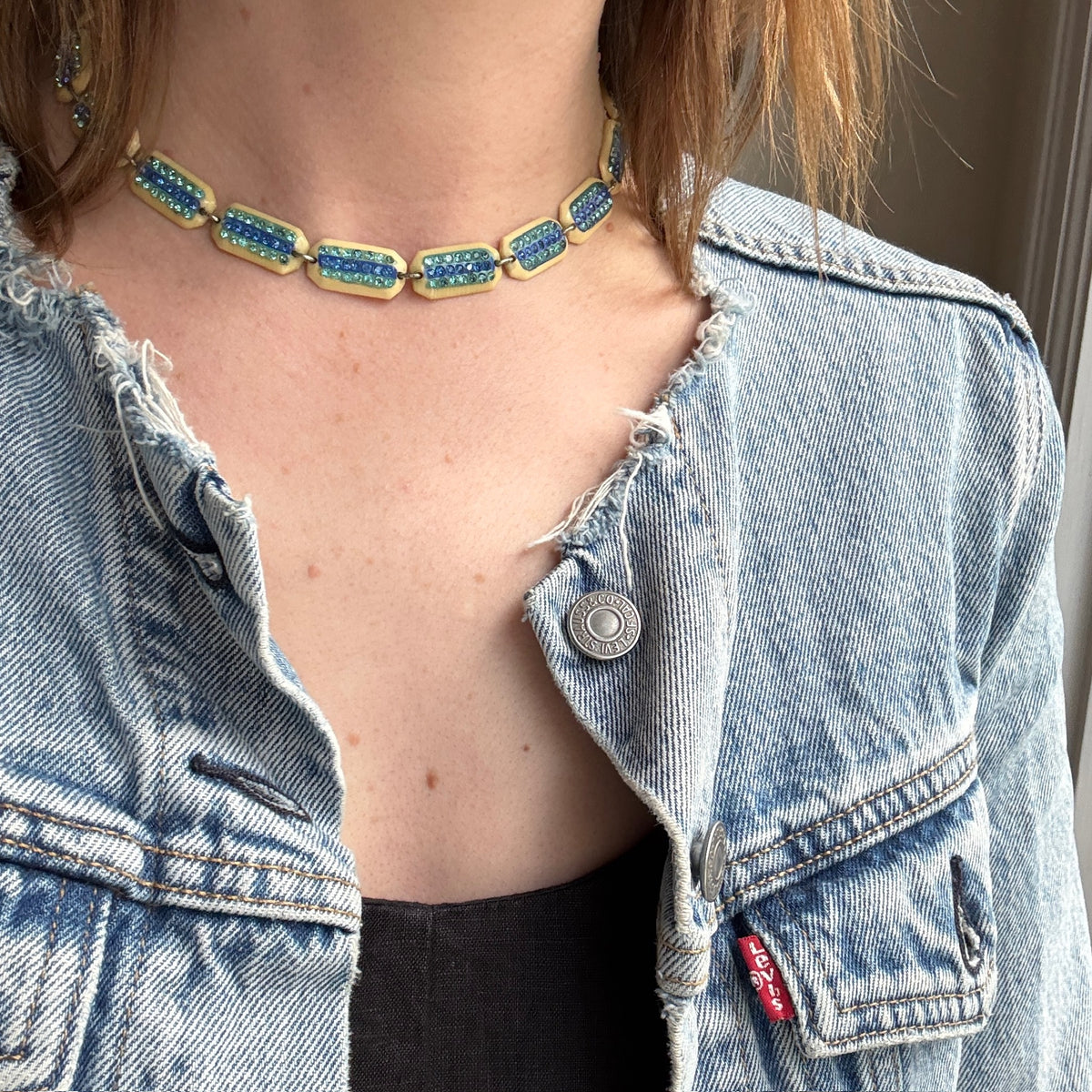 Celluloid & Sparkling Blue Rhinestone Choker