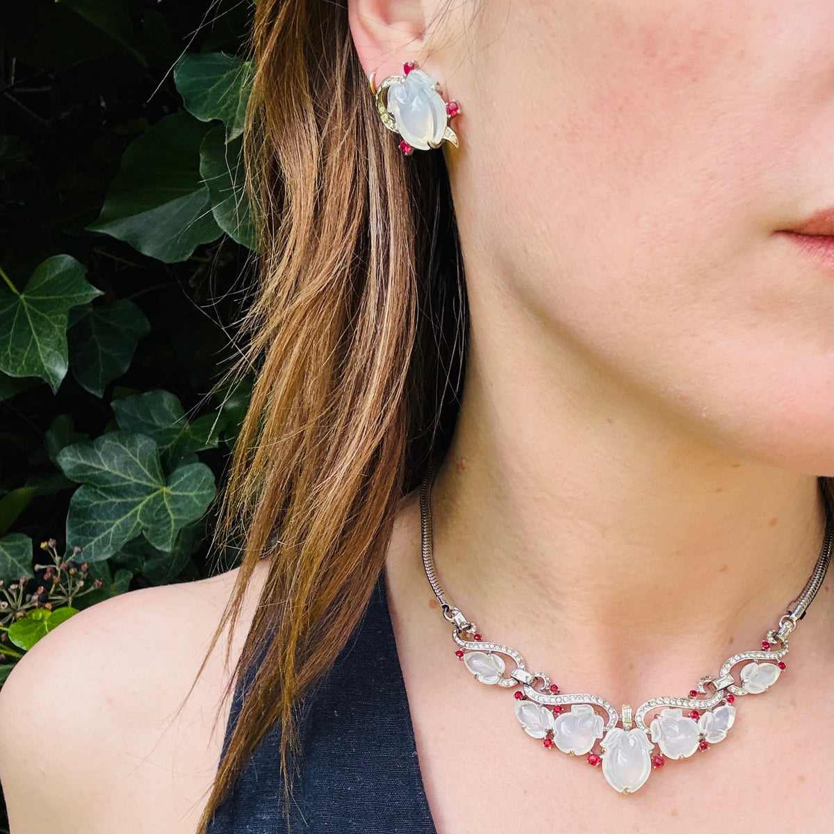 Ethereal Trifari Faux Moonstone Necklace & Earring Set